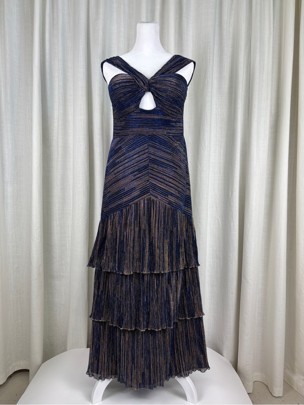 SAYLOR Navy and Copper Twist-Front Key Hole Tiered Dress